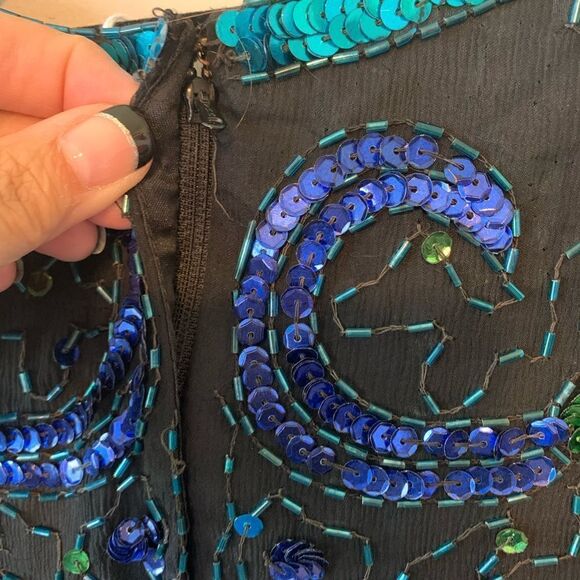 Sténay Vintage blue silk sequin/ beaded sheath dress size L - Picture 4 of 12